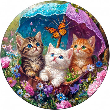 Деревянный фигурный пазл "Котята и бабочка" 30x30 см, 200 деталей
