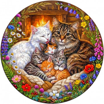Деревянный фигурный пазл "Кошки у камина" 30x30 см, 200 деталей