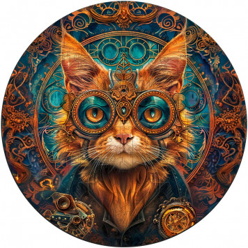 Деревянный фигурный пазл "Стимпанк рыжий кот" 30x30 см, 200 деталей