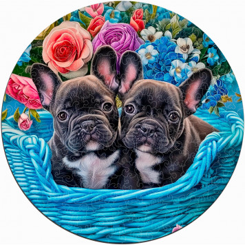 Деревянный фигурный пазл "Щенки французского бульдога" 30x30 см, 262 деталей