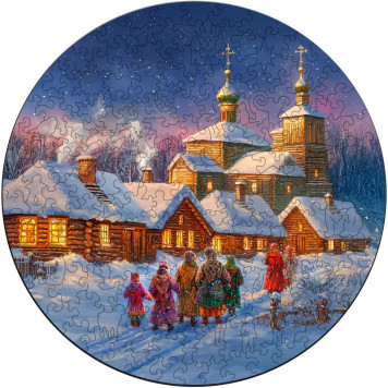 Деревянный фигурный пазл "Рождественская деревня" 30x30 см, 200 деталей