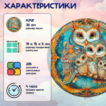 Деревянный фигурный пазл "Совиная семья с двумя совятами" 30x30 см, 206 деталей-1